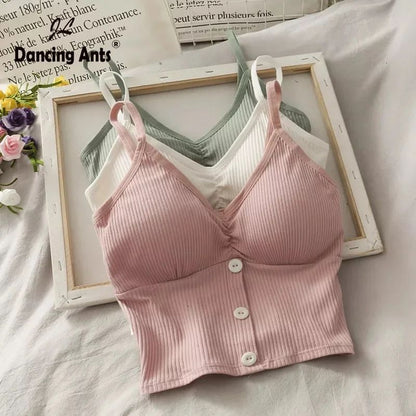 Women Knitted Sling vest solid color botton camisole tops