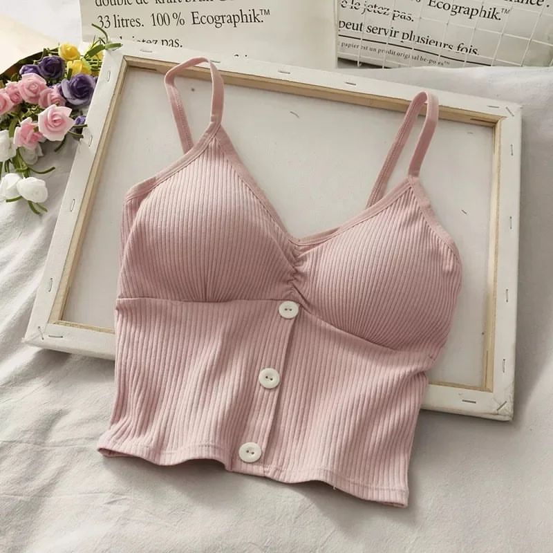 Women Knitted Sling vest solid color botton camisole tops